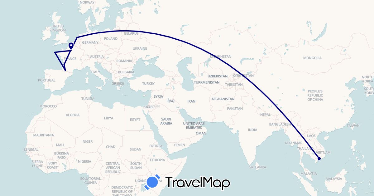TravelMap itinerary: driving in France, Netherlands, Vietnam (Asia, Europe)
